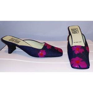 2 PAIR Nancy Nancy Blue Denim with Pink Leather Flower Mules Slides Size 7.5
